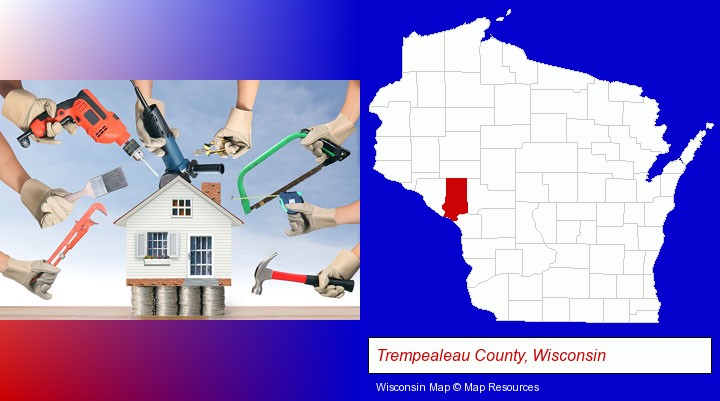 home improvement concepts and tools; Trempealeau County, Wisconsin highlighted in red on a map