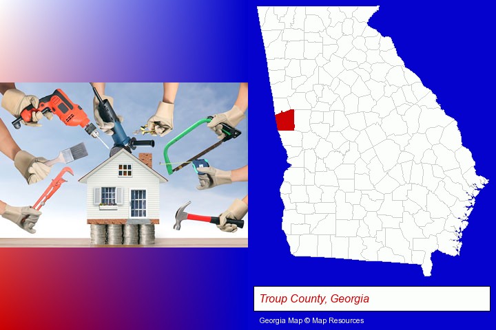 home improvement concepts and tools; Troup County, Georgia highlighted in red on a map