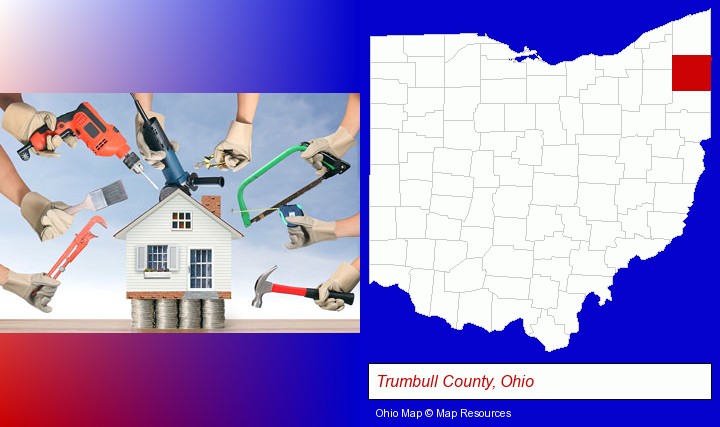 home improvement concepts and tools; Trumbull County, Ohio highlighted in red on a map