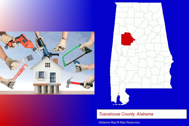 home improvement concepts and tools; Tuscaloosa County, Alabama highlighted in red on a map