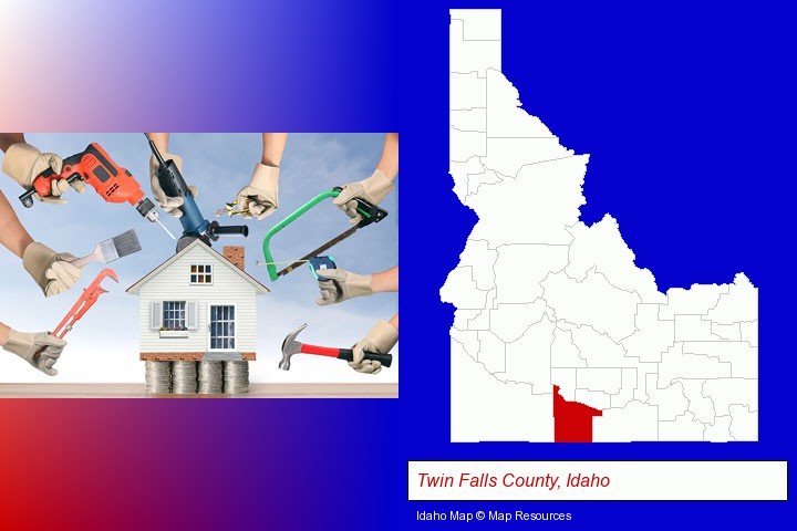 home improvement concepts and tools; Twin Falls County, Idaho highlighted in red on a map