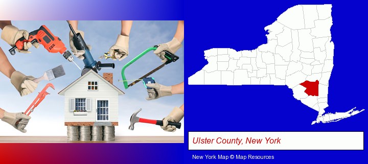 home improvement concepts and tools; Ulster County, New York highlighted in red on a map