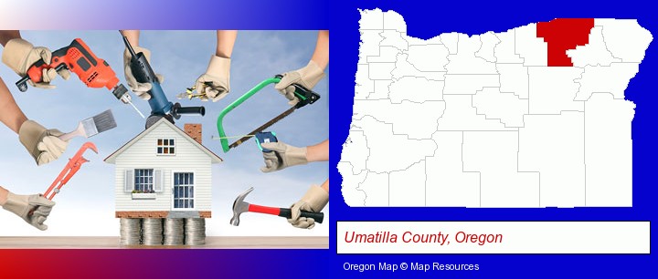 home improvement concepts and tools; Umatilla County, Oregon highlighted in red on a map