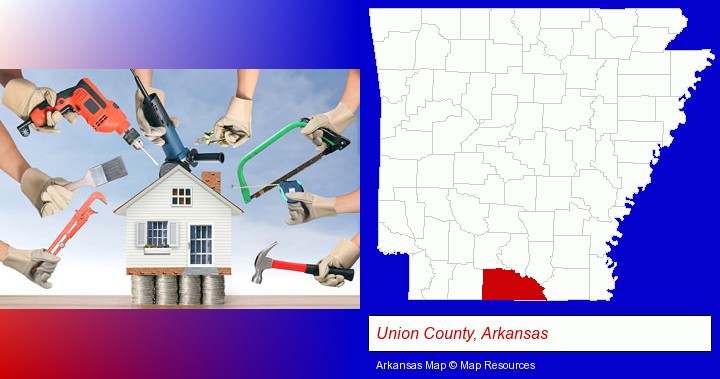 home improvement concepts and tools; Union County, Arkansas highlighted in red on a map