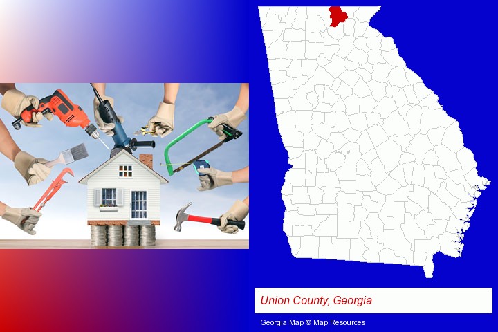 home improvement concepts and tools; Union County, Georgia highlighted in red on a map