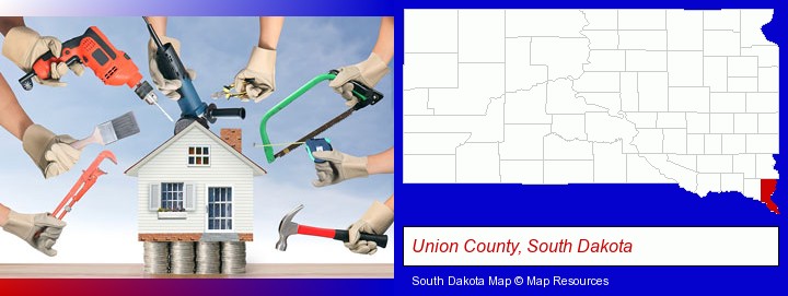 home improvement concepts and tools; Union County, South Dakota highlighted in red on a map