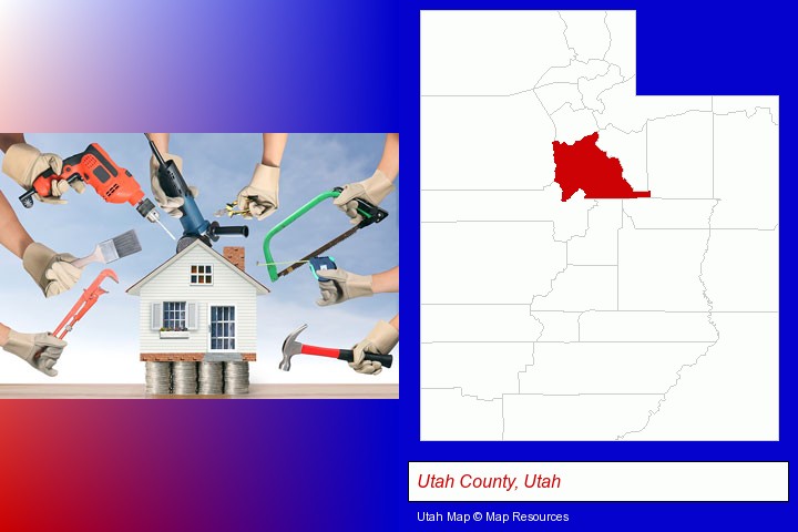 home improvement concepts and tools; Utah County, Utah highlighted in red on a map