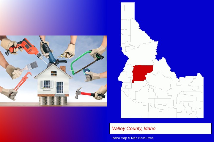 home improvement concepts and tools; Valley County, Idaho highlighted in red on a map