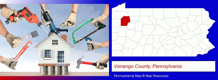 home improvement concepts and tools; Venango County, Pennsylvania highlighted in red on a map