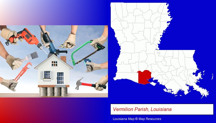 home improvement concepts and tools; Vermilion Parish, Louisiana highlighted in red on a map