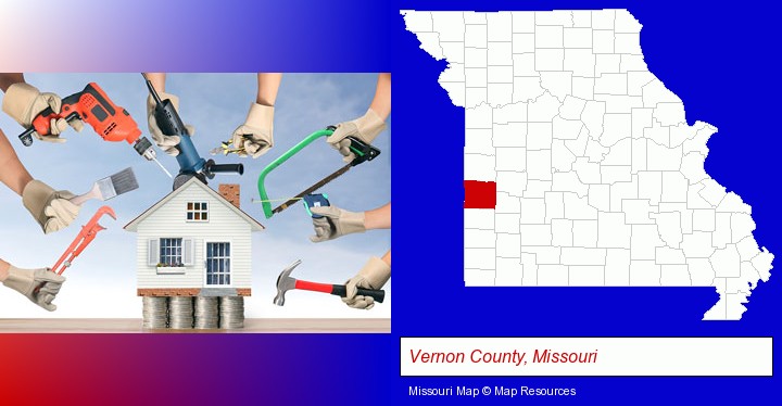 home improvement concepts and tools; Vernon County, Missouri highlighted in red on a map