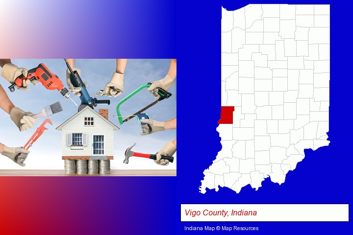 home improvement concepts and tools; Vigo County, Indiana highlighted in red on a map