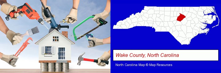 home improvement concepts and tools; Wake County, North Carolina highlighted in red on a map