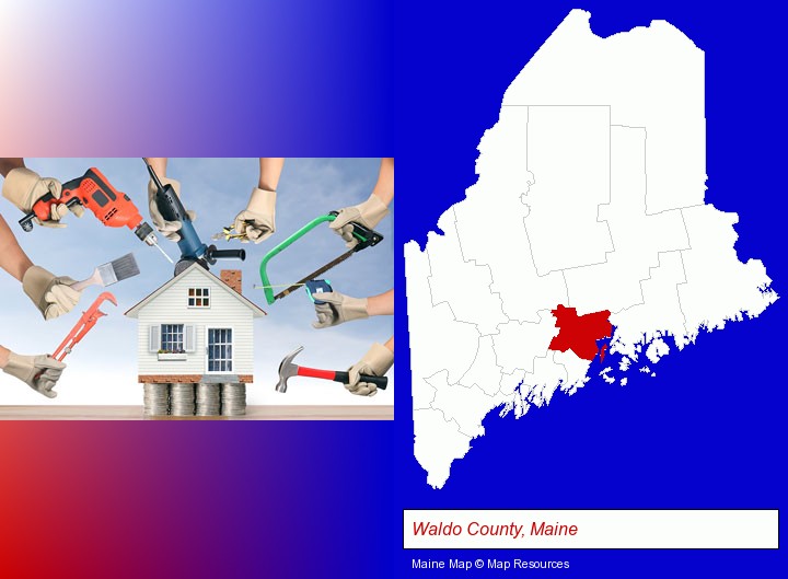 home improvement concepts and tools; Waldo County, Maine highlighted in red on a map