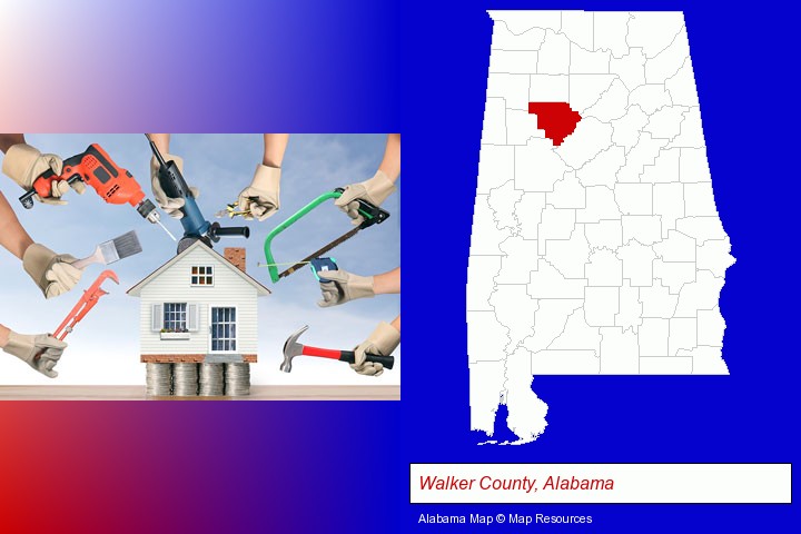 home improvement concepts and tools; Walker County, Alabama highlighted in red on a map