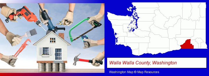 home improvement concepts and tools; Walla Walla County, Washington highlighted in red on a map