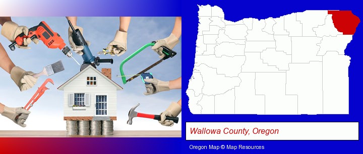 home improvement concepts and tools; Wallowa County, Oregon highlighted in red on a map