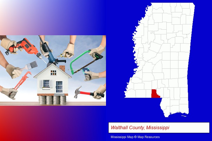 home improvement concepts and tools; Walthall County, Mississippi highlighted in red on a map