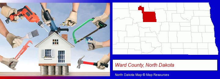 home improvement concepts and tools; Ward County, North Dakota highlighted in red on a map