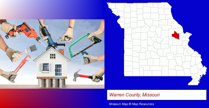 home improvement concepts and tools; Warren County, Missouri highlighted in red on a map