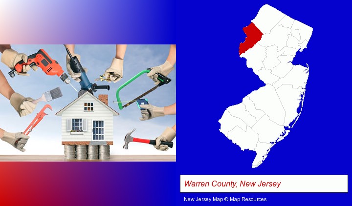 home improvement concepts and tools; Warren County, New Jersey highlighted in red on a map