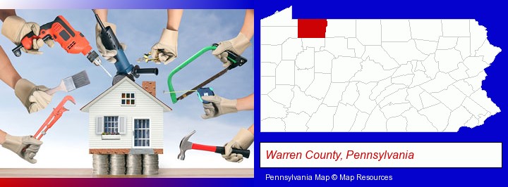 home improvement concepts and tools; Warren County, Pennsylvania highlighted in red on a map