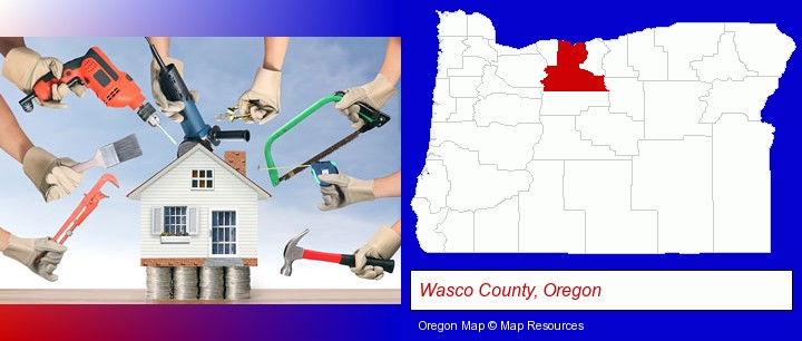 home improvement concepts and tools; Wasco County, Oregon highlighted in red on a map