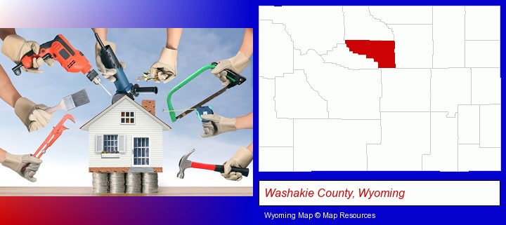 home improvement concepts and tools; Washakie County, Wyoming highlighted in red on a map