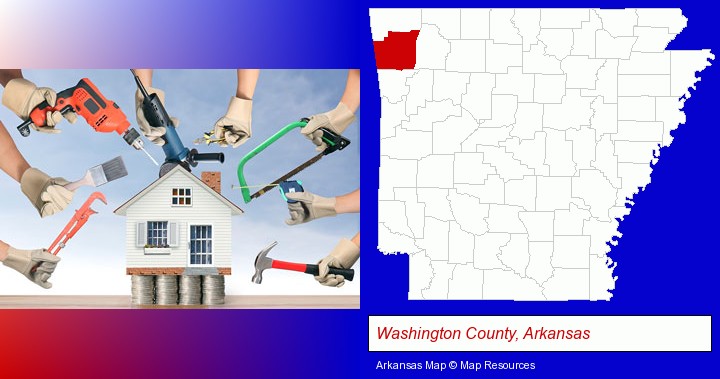 home improvement concepts and tools; Washington County, Arkansas highlighted in red on a map