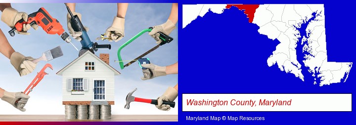 home improvement concepts and tools; Washington County, Maryland highlighted in red on a map