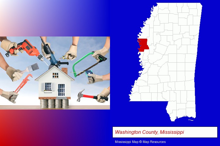 home improvement concepts and tools; Washington County, Mississippi highlighted in red on a map