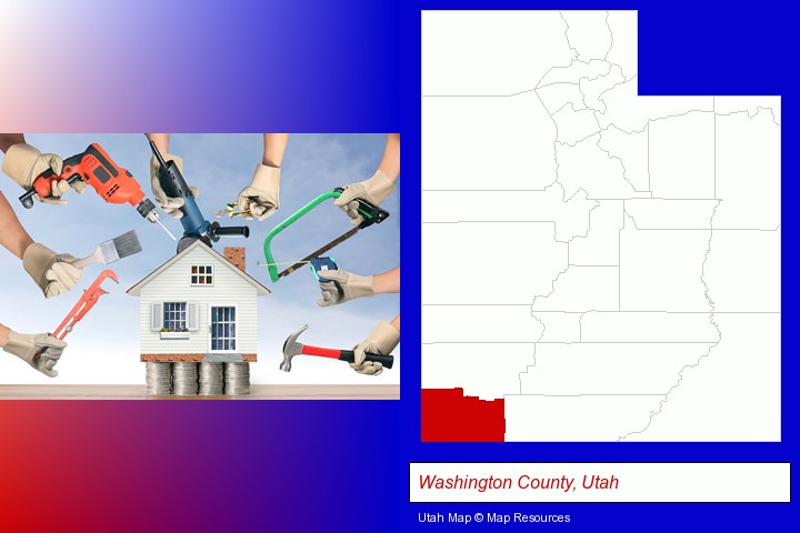 home improvement concepts and tools; Washington County, Utah highlighted in red on a map