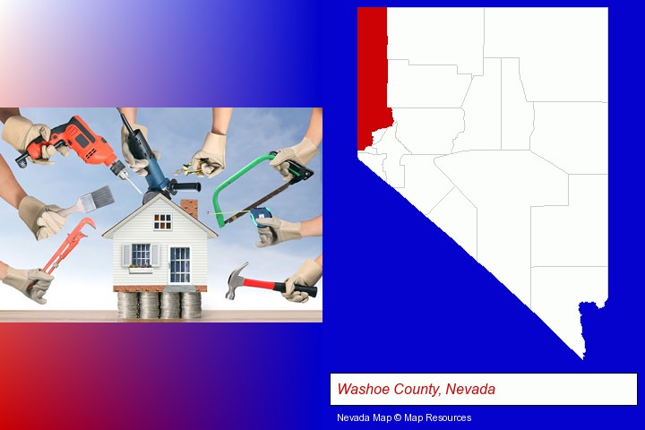 home improvement concepts and tools; Washoe County, Nevada highlighted in red on a map