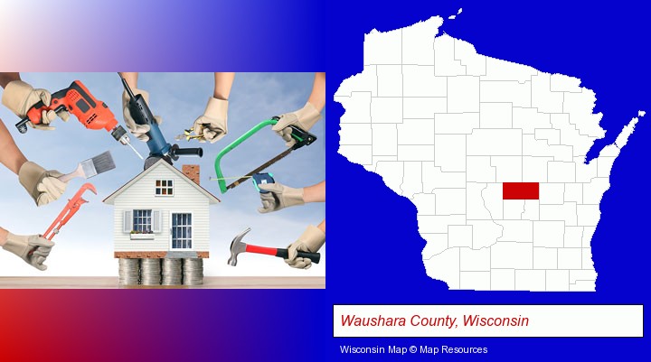 home improvement concepts and tools; Waushara County, Wisconsin highlighted in red on a map