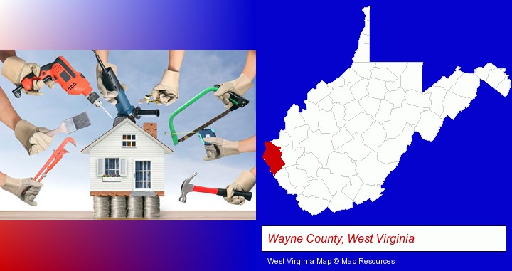 home improvement concepts and tools; Wayne County, West Virginia highlighted in red on a map
