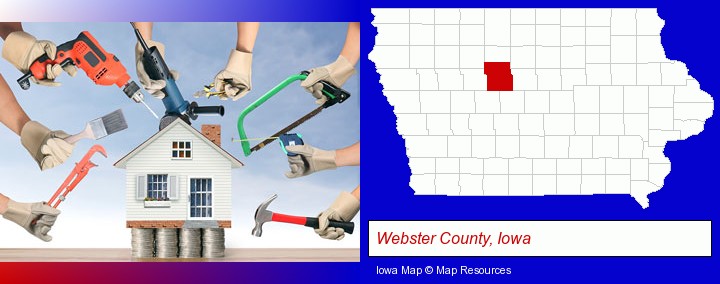 home improvement concepts and tools; Webster County, Iowa highlighted in red on a map
