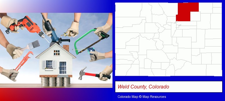home improvement concepts and tools; Weld County, Colorado highlighted in red on a map