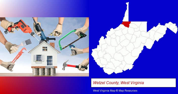 home improvement concepts and tools; Wetzel County, West Virginia highlighted in red on a map