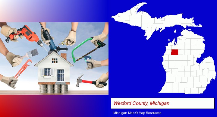 home improvement concepts and tools; Wexford County, Michigan highlighted in red on a map