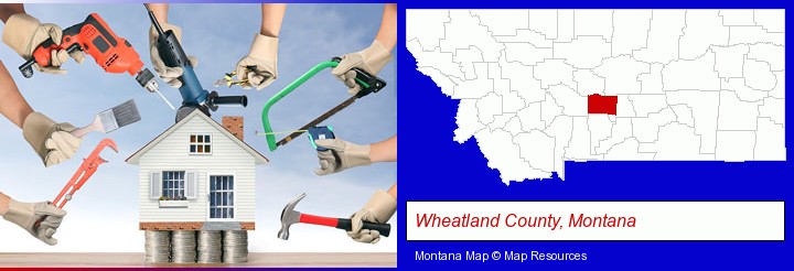 home improvement concepts and tools; Wheatland County, Montana highlighted in red on a map