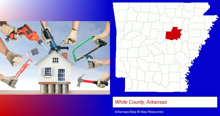 home improvement concepts and tools; White County, Arkansas highlighted in red on a map