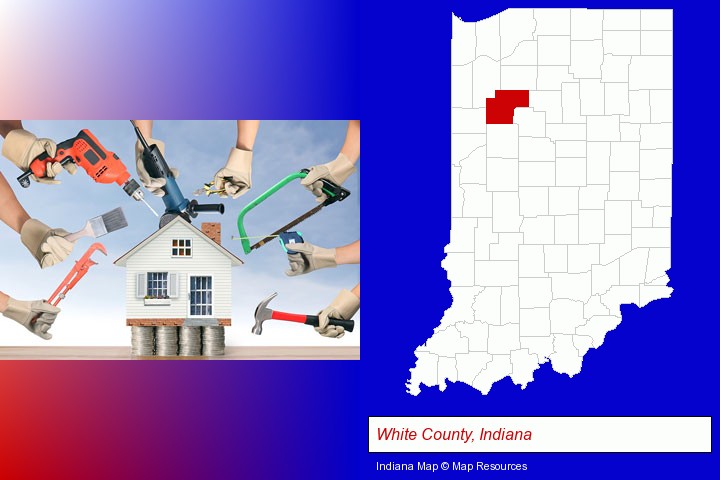 home improvement concepts and tools; White County, Indiana highlighted in red on a map