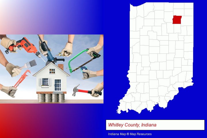 home improvement concepts and tools; Whitley County, Indiana highlighted in red on a map
