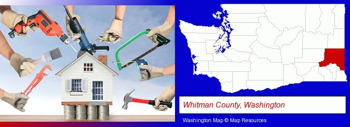 home improvement concepts and tools; Whitman County, Washington highlighted in red on a map
