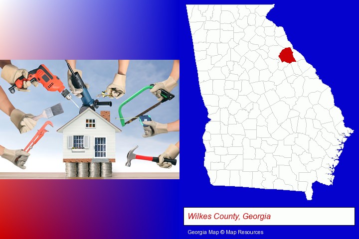home improvement concepts and tools; Wilkes County, Georgia highlighted in red on a map