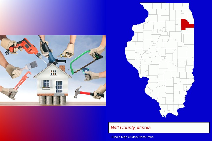 home improvement concepts and tools; Will County, Illinois highlighted in red on a map