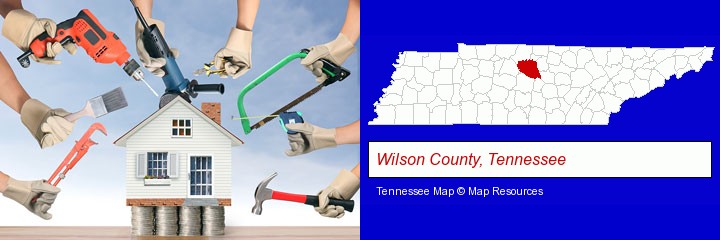 home improvement concepts and tools; Wilson County, Tennessee highlighted in red on a map