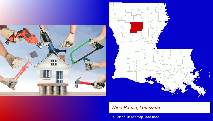 home improvement concepts and tools; Winn Parish, Louisiana highlighted in red on a map