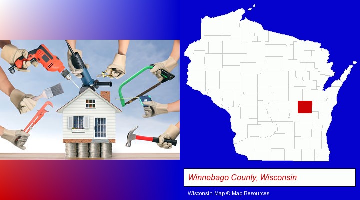 home improvement concepts and tools; Winnebago County, Wisconsin highlighted in red on a map