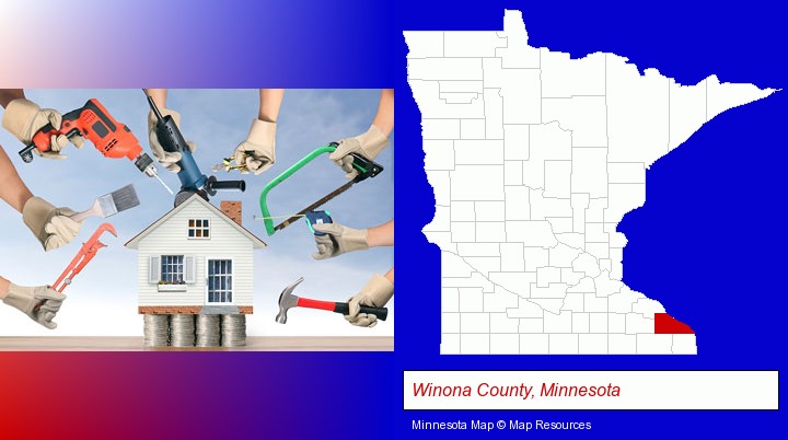 home improvement concepts and tools; Winona County, Minnesota highlighted in red on a map